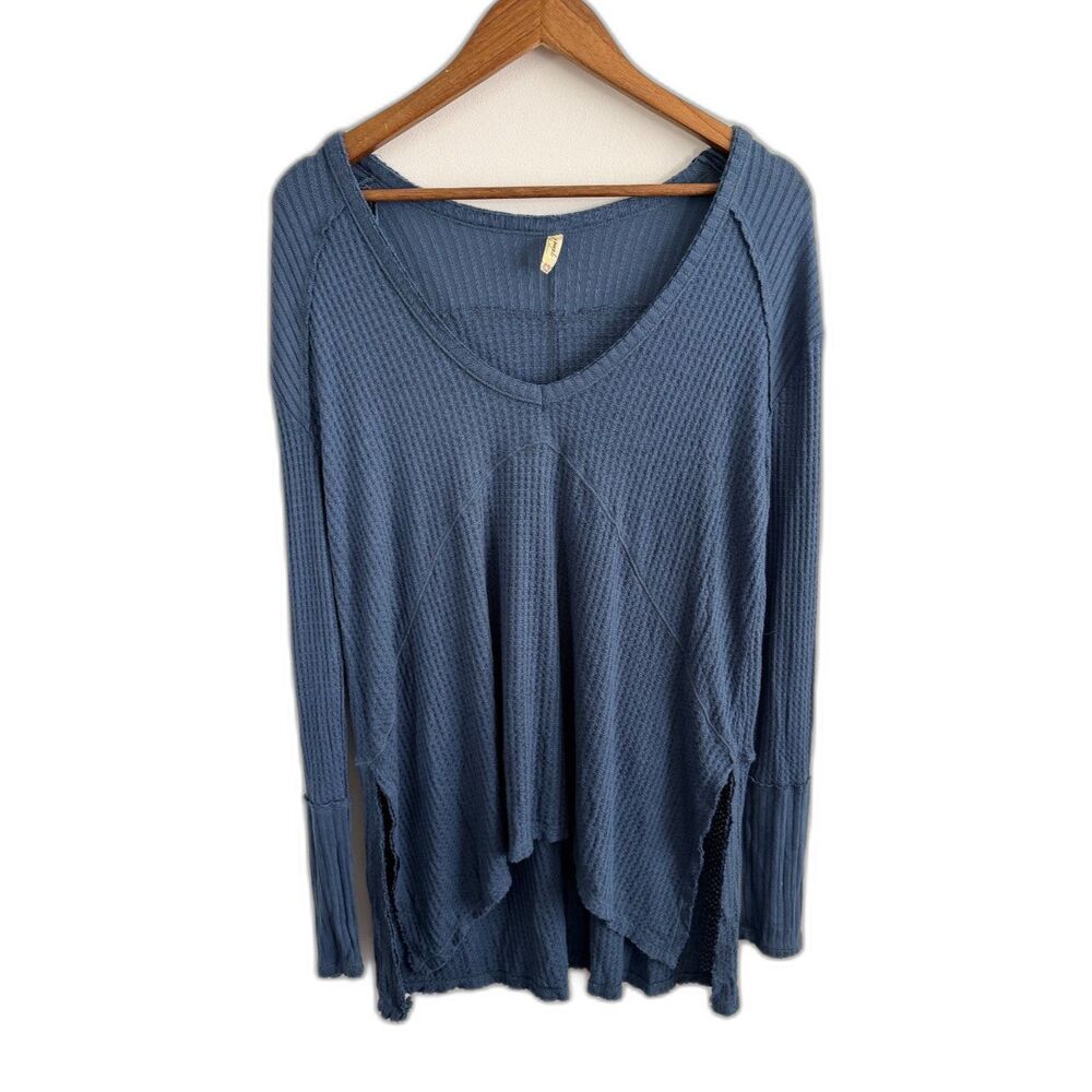 Free People Malibu Thermal Top XS Blue Waffle Knit Oversized Hi Low Raw Hem